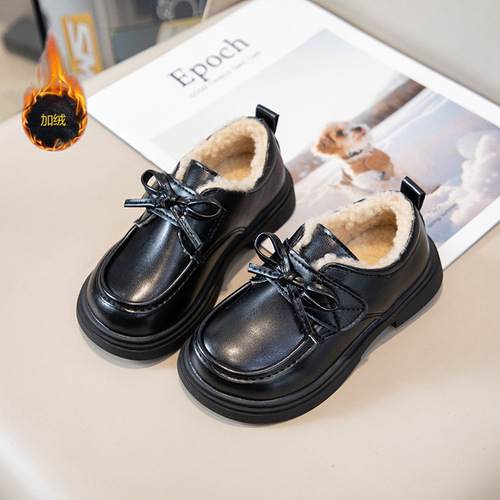 New Spring and Autumn Winter Fleece Black Leather Shoes College Style Student Cotton Shoes British Warm Princess Gender-Free Children's Shoes