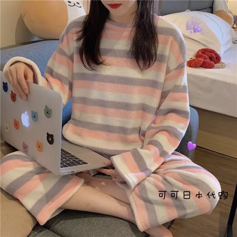Pijamas de invierno las mujeres coral fleece dulce lindo Otoño e Invierno engrosada franela corte princesa estilo desgaste del hogar traje
