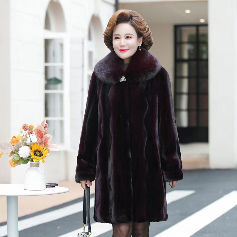 Winter Middle-aged and Elderly Women's Imitation Mink Fur Coat Thickened Warm New Style Mother's Large Size Mid-length Coat
