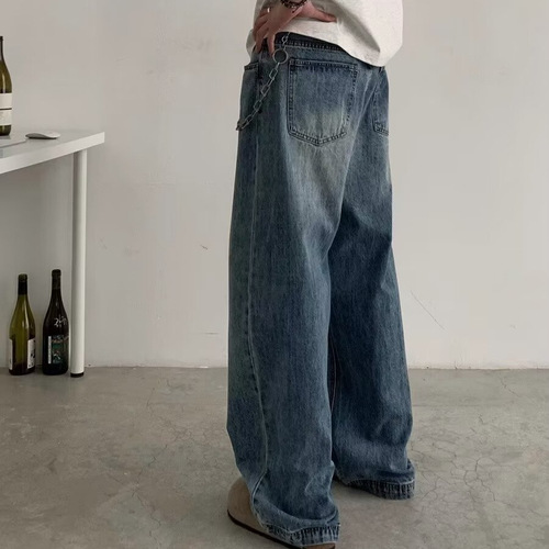 American Retro Washed Bleached Cracked Blue Denim Jeans for Men and Women Trend Brand Instagram Loose Casual Straight Leg Jeans