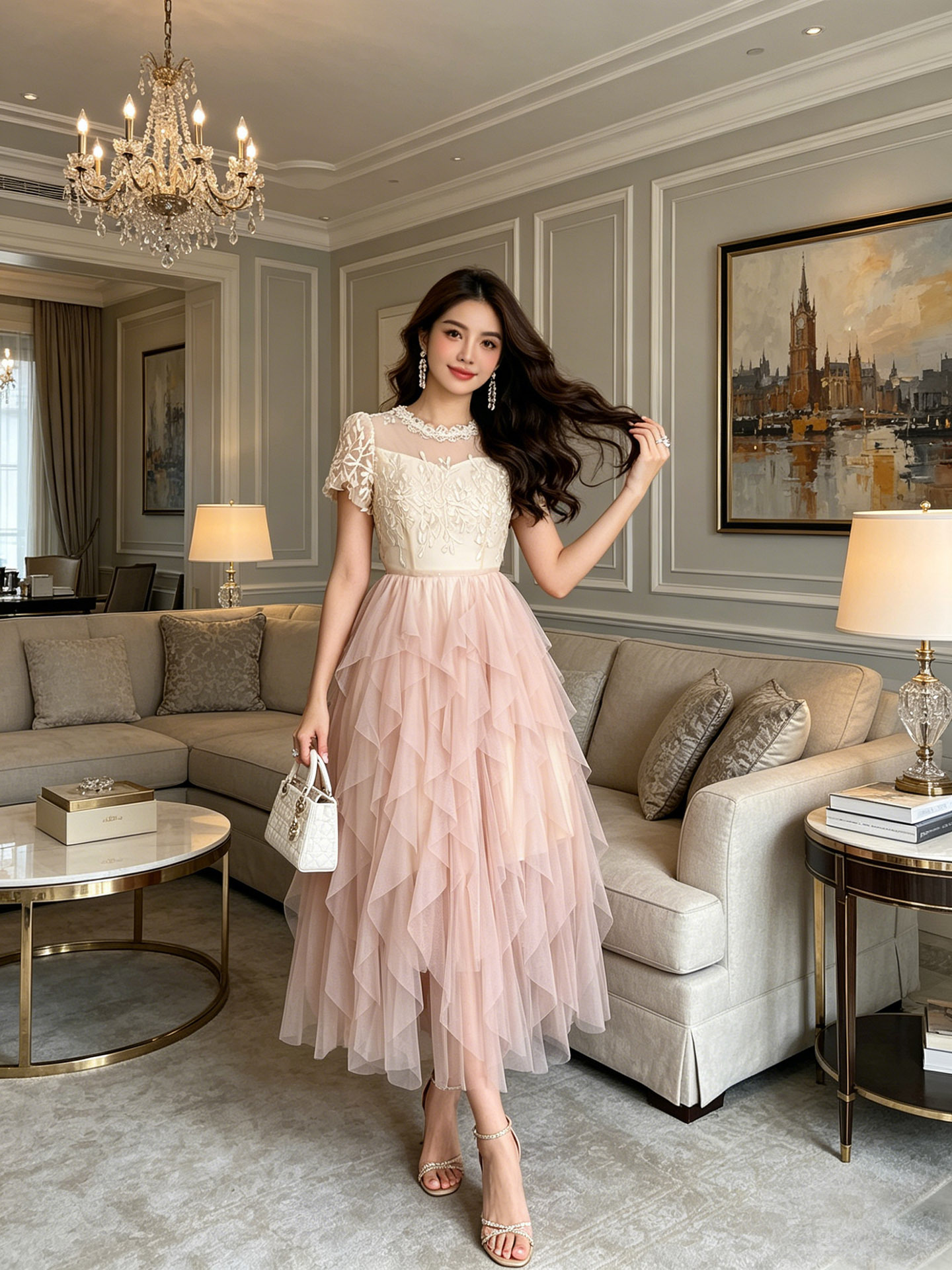 Đầm maxi nữ thắt eo lưới xòe nhẹ, tay ngắn, phong cách ngọt ngào — Thịt hồng