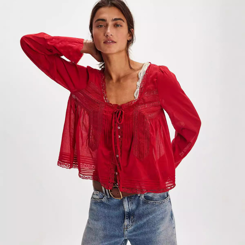 New French Niche Top Autumn Lace Shirt U-shaped Lace Collar Shirt Long-sleeved Lightweight Unique Beautiful Small Shirt