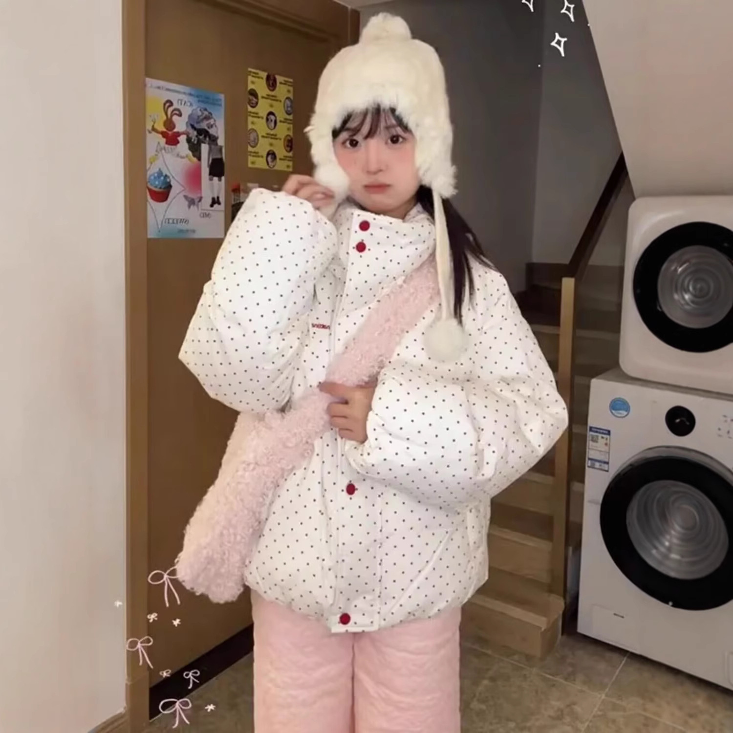 秋冬新款宽松短款柔软棉服面包服2025新款可爱波点加厚棉衣外套女