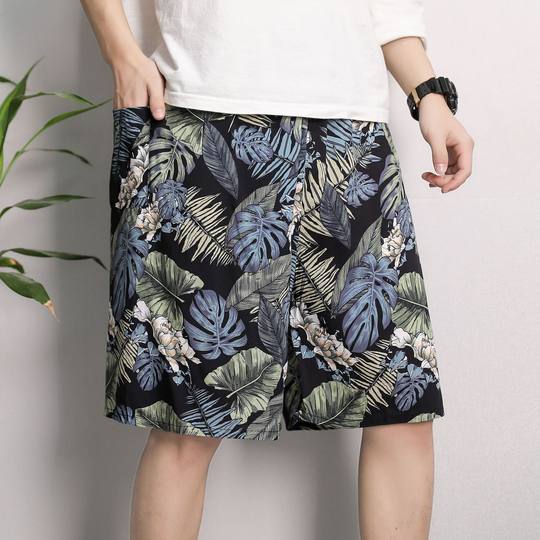Cotton Silk Pajama Pants Men's Summer Thin Large Size Loose Shorts Casual Breathable Flower Pants Outer Wear Half Beach Pants