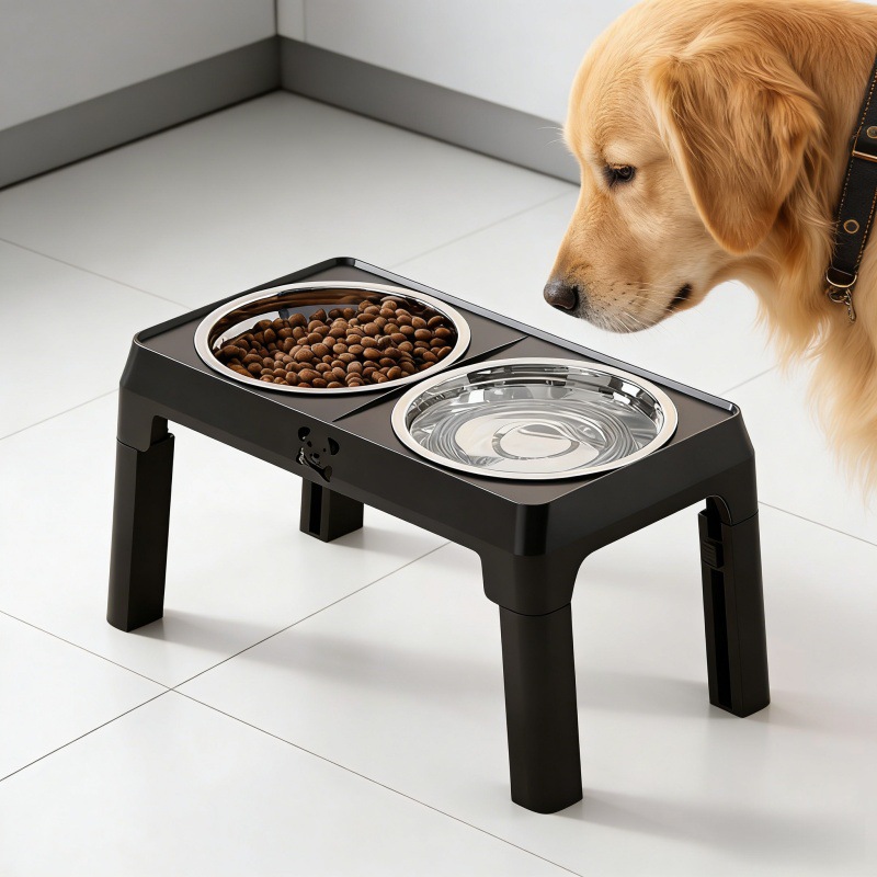 Tazón de acero inoxidable para perros, doble tazón, pie alto anti-derribe para mascotas, soporte de tazón plegable, cuello ajustable, tazón de comida para gatos