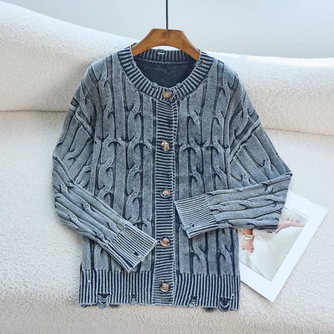 Coreano retro cuello redondo torcido de camisa de punto de mujer otoño y invierno nuevo estilo para hacer viejos agujeros suéter suelto chaqueta de mujer image 8