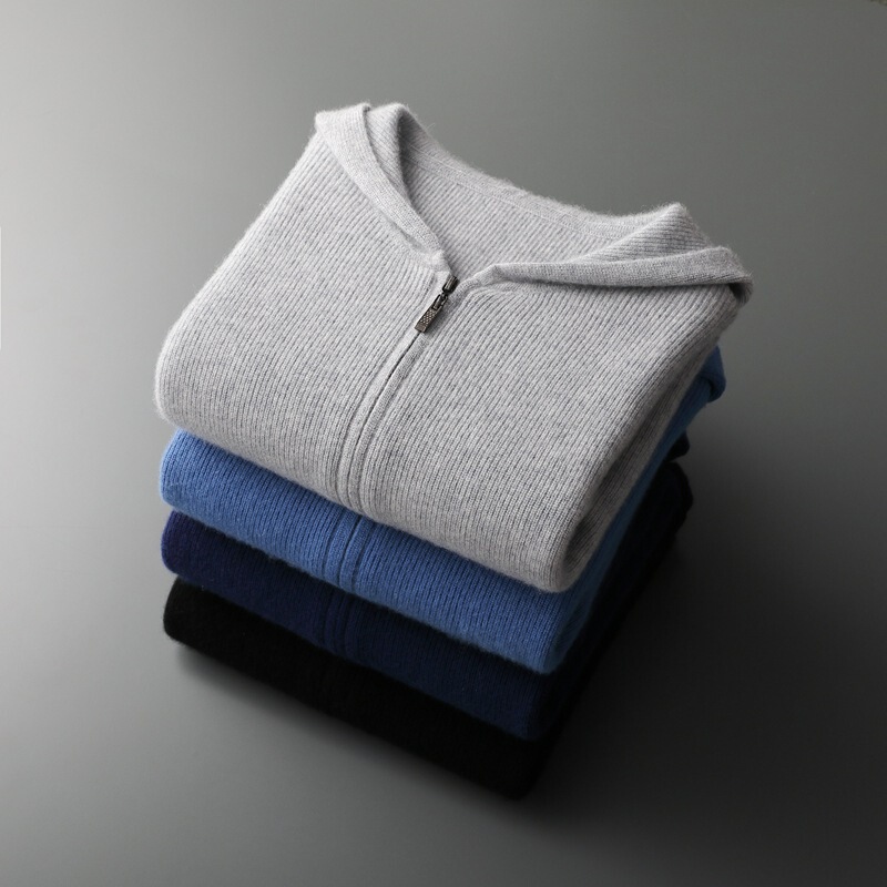 Autumn and Winter 12-pin Thickened Cashmere Hoodie Men's Knitted Cardigan Base Shirt Hooded Sweater Zipper Jacket