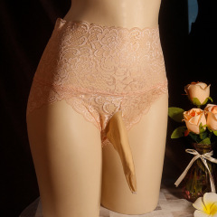 Sexy transparent hollow-out high-waisted men's jockstrap, airplane stockings, lace cross-dresser disguise, plus-size erotic silk stockings for women