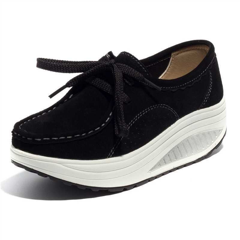 Spring Genuine Leather Lace-up Thick-soled Comfortable Rocking Shoes Casual High Heeled Cross-border Height Increasing Women's Shoes Platform Shoes Mother's Hair