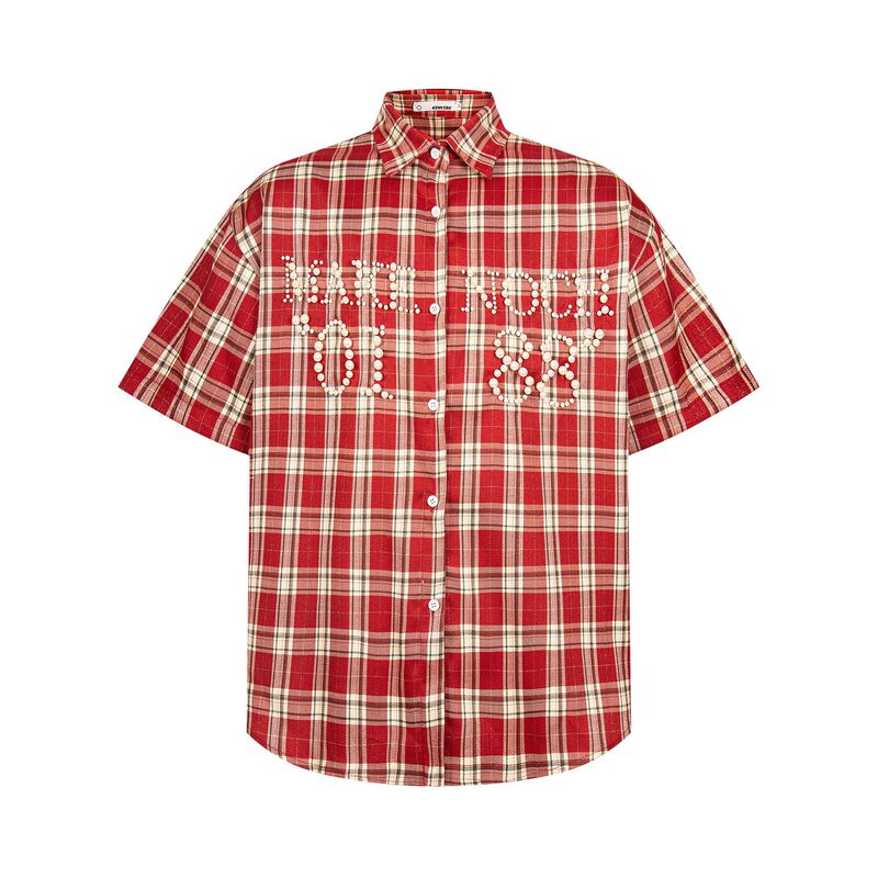 3657-1 American Retro 2025 High Street Beaded Niche Design Men's Advanced Plaid Short Sleeve Shirt