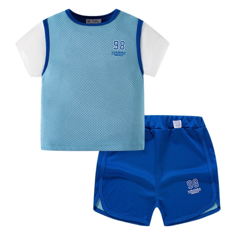 Conjunto deportivo de dos piezas para niños y bebés, estilo coreano, moderno y a la moda, con bloques de color, pantalones cortos y camiseta de manga corta, estilo casual, novedad 2026 image 1