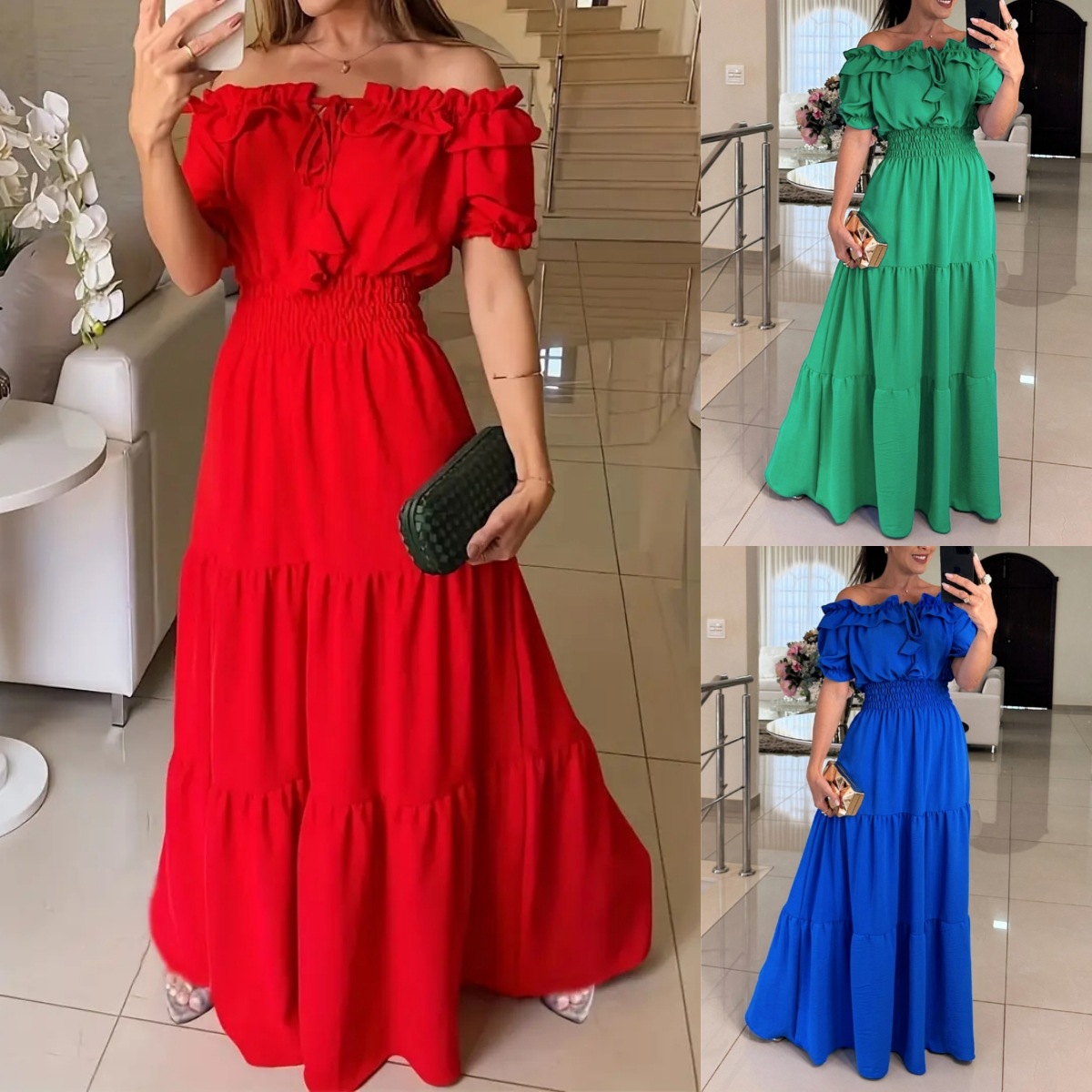 Holiday, Street Occasion Wholesale Women's Elegant Solid Color Holiday Street Off Shoulder Short Sleeve S1562