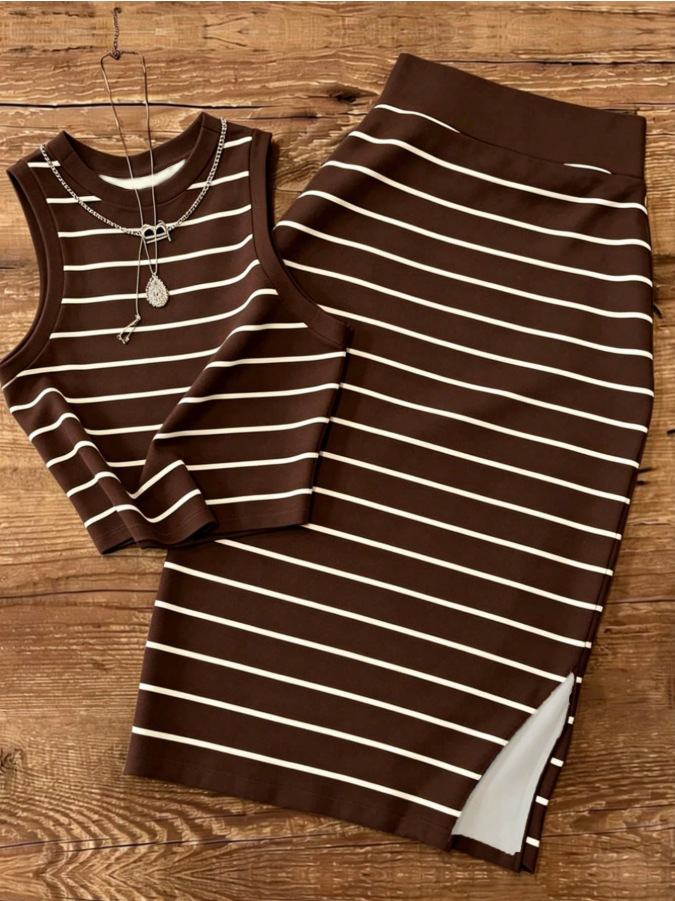 Blusa corta sin mangas de punto roscado para mujeres transfronterizas con traje de falda corta casual y elegante juego de dos piezas
