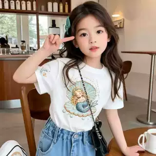 女童短袖t恤2026新款美人鱼印花儿童夏季中小童爆款可爱纯棉上衣T
