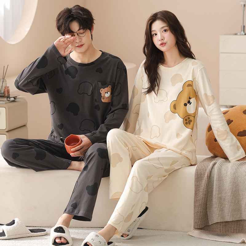 Cartoon Pure Cotton Couple Pajamas for Women Spring & Fall Cute Casual Pullover Long-Sleeved Korean Style Wearable Home Clothes Suit for Men