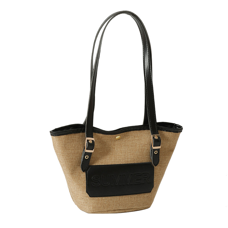 Women's Straw Woven Fabric Shoulder Tote Bag Summer Style Beach Seaside Travel Vacation Bag Medium PU Leather Zippered Tote_voghion.com