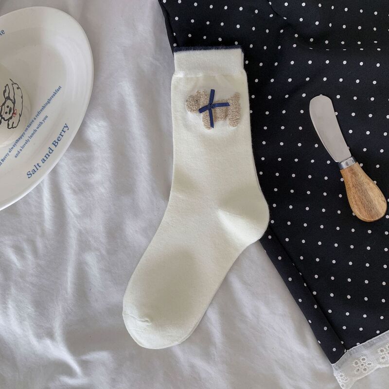 复古费尔岛纽扣袜子女简约藏青饰品袜波点蝴蝶结韩系小狗中筒棉袜|undefined