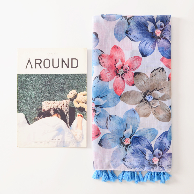 Nuevo color grandes flores impreso algodón y lino mano bufanda larga femenina borla decoración otoño y el invierno cálido sol chal