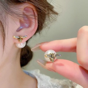Silver Needle Bees Pearl Double-sided Design Earrings Two Wear Light Luxury Ear Studs Elegant Fashion High-end Women's Long