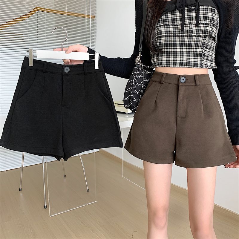 2022 Autumn/Winter Plus Size Fat mm Woolen Shorts Women's High Waist Outerwear A-Line Wide Leg Pants Black Casual Bottoming Boot Pants