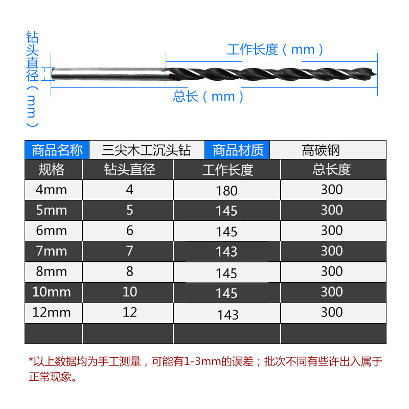 工場価格直販300mm延長三尖大工ドリル袋入りセンタリング木工穴あけ器4-12mm 7本セット|undefined