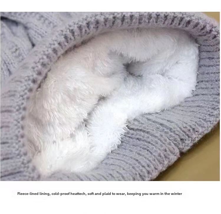 Wintermütze aus Wolle mit Fleecefutter, dicke, warme Strickmütze aus dem Nordosten, für Damen, großer Kopf, Ohrenschutz, Haarballmütze, weiße Ballmütze_voghion.com