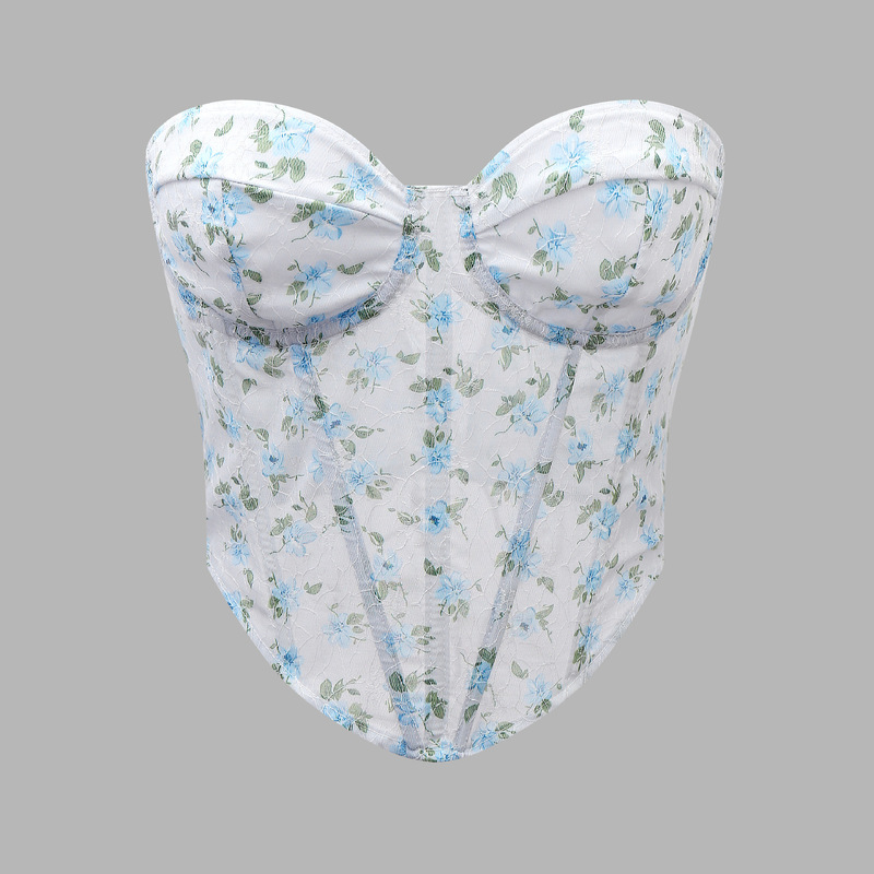 Cross-Border Export European and American Style Sexy Floral Rhombus Wrapped Chest Steel Ring Fishbone Corset Lace-Up Vest for Women Ly032