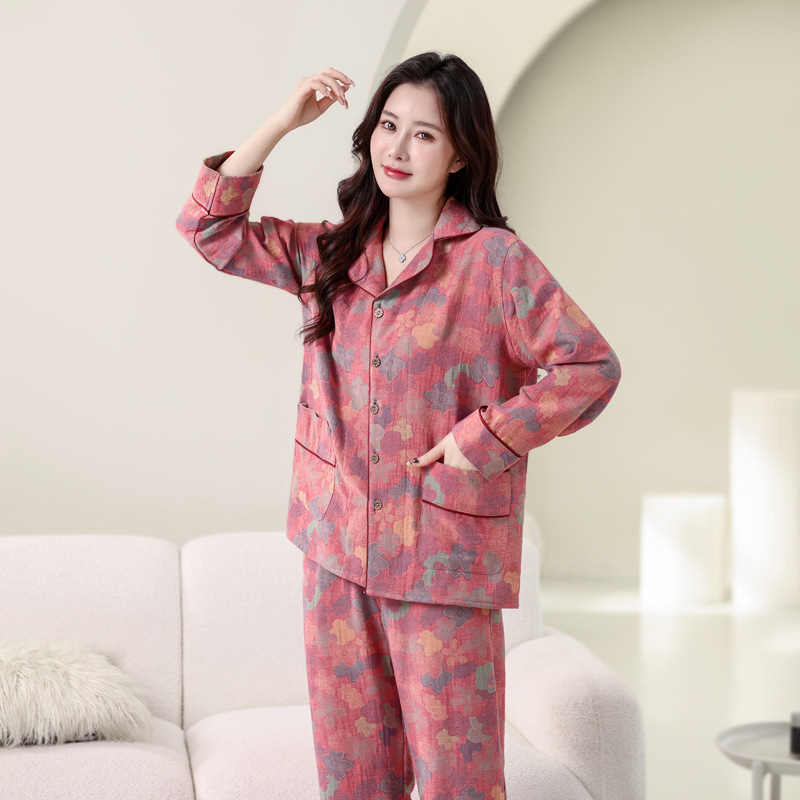 Nueva primavera y otoño de algodón de las mujeres pijamas de algodón de doble capa de hilo Jacquard de manga larga más tamaño traje de desgaste para el hogar se puede usar fuera