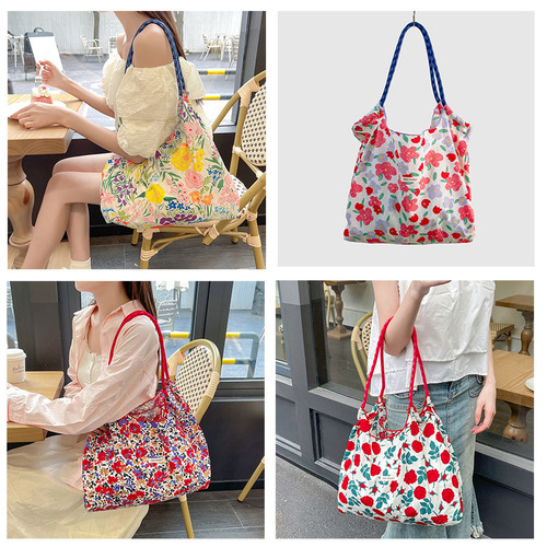 Korean-style summer large capacity hand-held shoulder bag drawstring shopping bag fresh floral tote bag underarm bag cotton bag