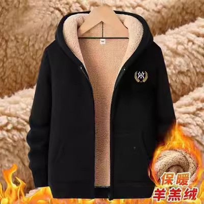 Shirt con cremallera para hombres 2025 otoño y invierno nuevo engrosado de lana de cordero suelta chaqueta con capuchón comercio exterior transfronterizo