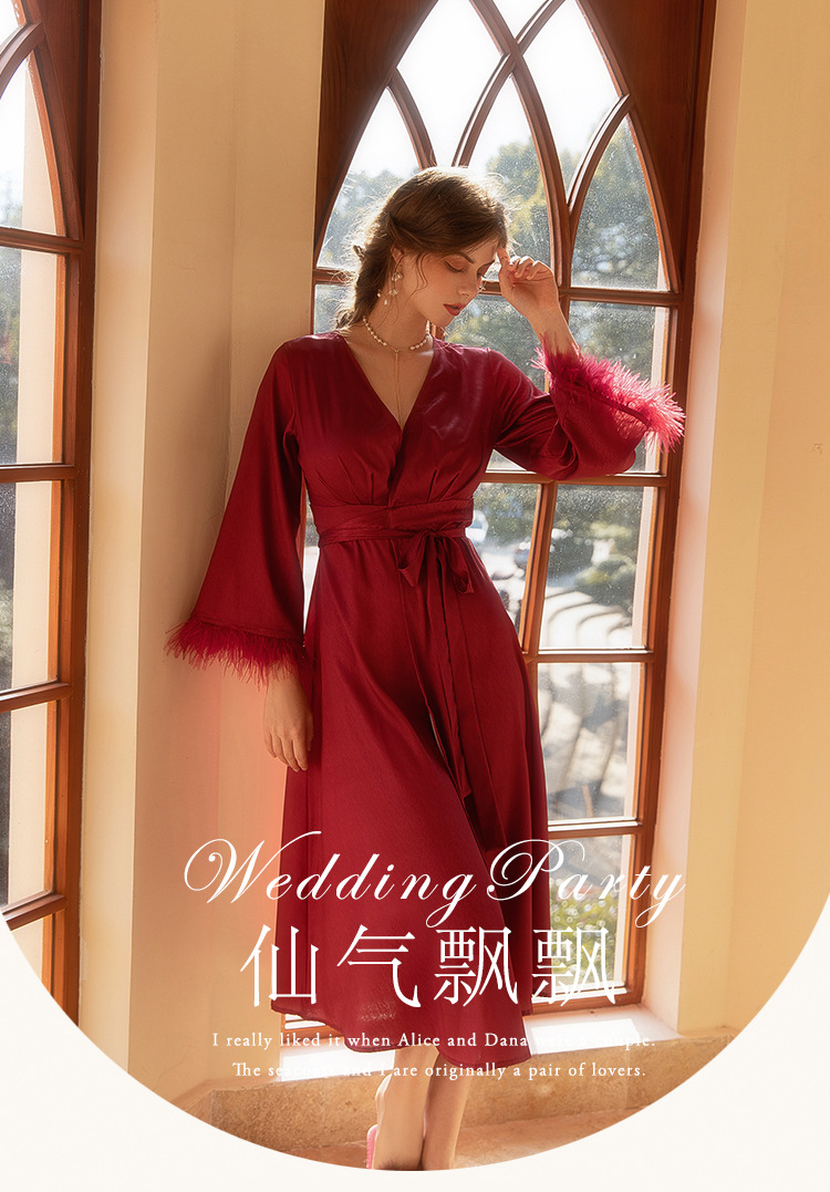人字纹新娘晨袍女士羽毛睡袍婚礼化妆伴娘团结婚和服缎面长款浴袍-阿里巴巴
