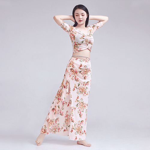 New Spring and Summer Belly Dance Printed Floral Practice Clothing Suit Large Size Slimming Oriental Dance Performance Outfit