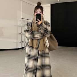 毛呢大衣女2025年秋冬季新款韩版宽松加厚中长款格子西装呢子外套
