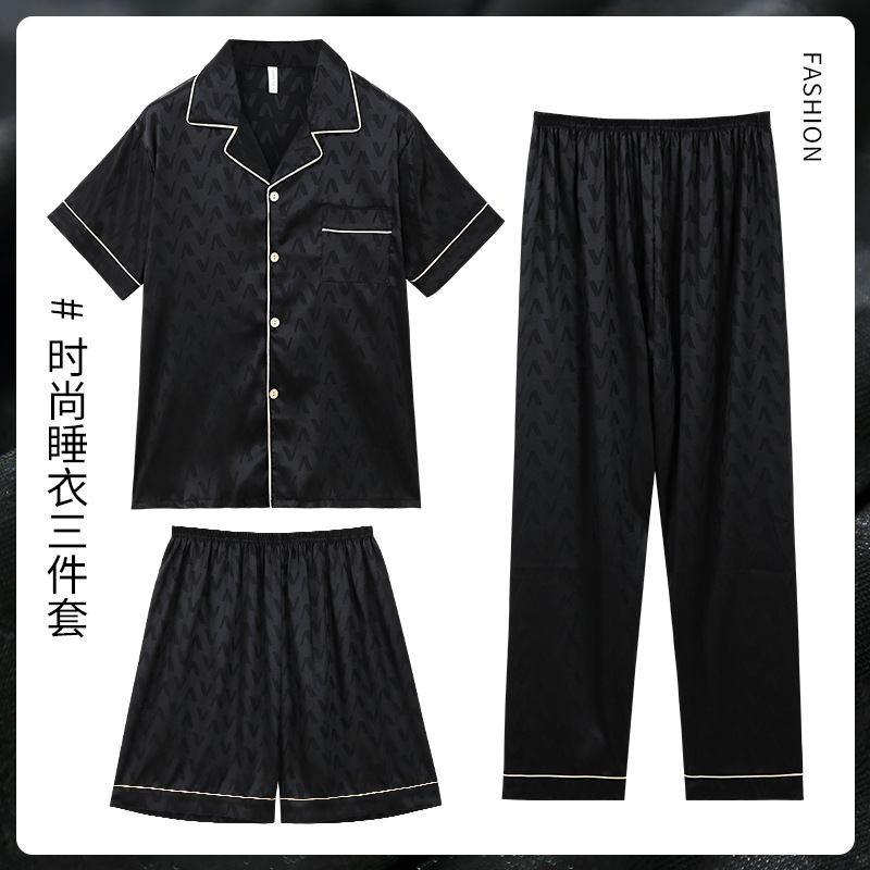 De alto grado jacquard carta pijamas de verano de los hombres traje de tres piezas pantalones cortos de manga corta de seda de hielo juventud ropa de casa de seda real