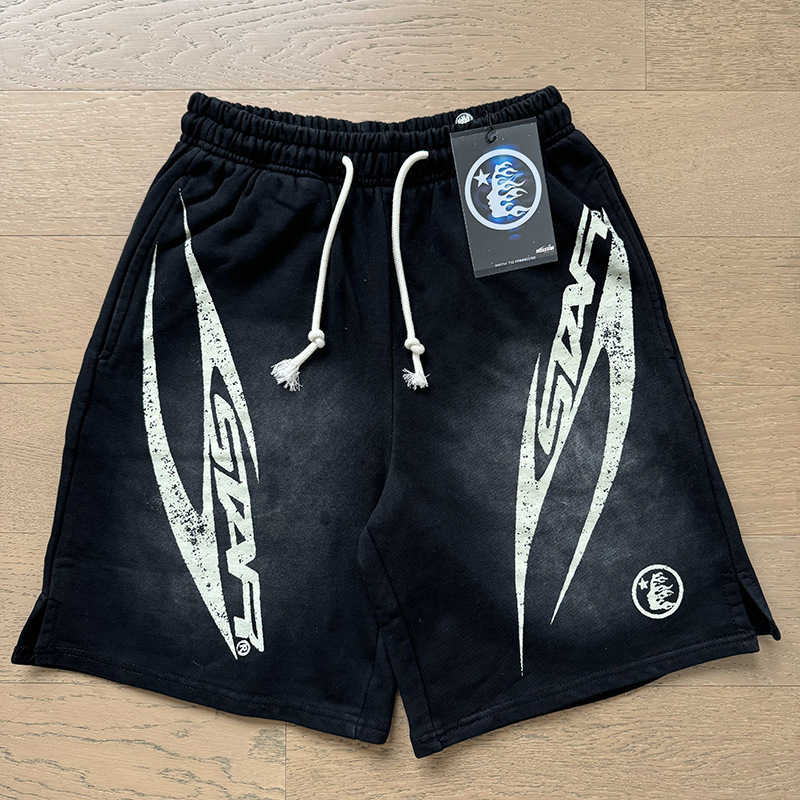 Hellstar Sweat Shorts Washed Flame Graphic Black