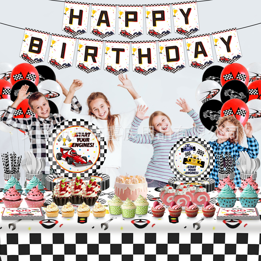 Nuevo Tema de carreras fiesta bandeja de papel taza de papel toalla de papel decoración traje niños cumpleaños bandera globo decoración suministros