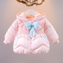 女童棉衣2022冬季新款女寶寶甜美可愛連帽棉襖女孩蝴蝶結加絨外套