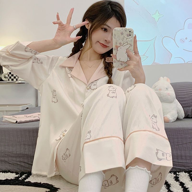 Al por mayor transfronterizo nuevo set de seda delgada de manga larga camiseta camiseta de pijama de mujer dulce dulce ropa de dibujos animados para el hogar