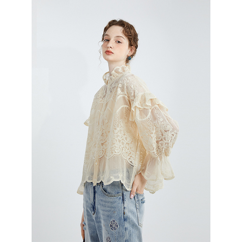 In Stock Gourcuff Women's Clothing 2026 Spring New Chinese Style Sun Protection Lace Stand Collar Pleated Lace Embroidered Shirt for Women