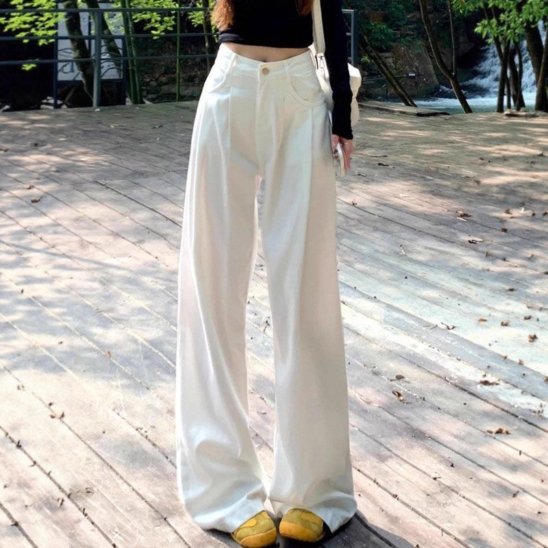 White High-Waisted Straight Jeans for Women Spring 2025 New Style Pleated Draped Loose Slimming Look Wide-Leg Floor-Length Pants White High-Waisted Straight Jeans for Women Spring 2025 New Style Pleated Draped Loose Slimming Look Wide-Leg Floor-Length Pants