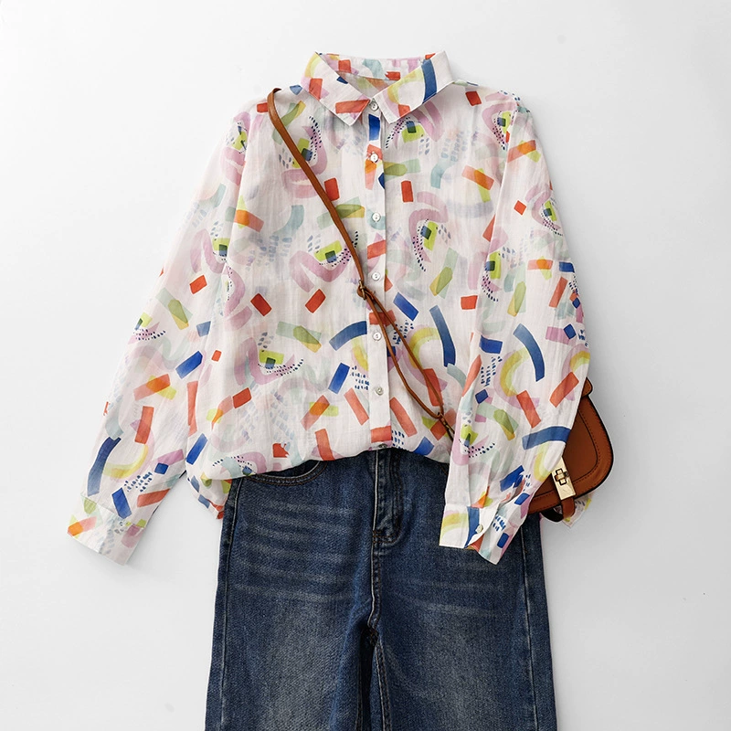 Весенний новый продукт 2025 персонализированный отпечаток с длинными рукавами, дикая рубашка, женская свободная большая рама POLO воротник для отдыха...