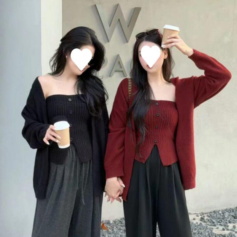 Temperamento coreano chaleco de punto Cardigan mujeres otoño invierno moda alta suéter de adelgazamiento de dos piezas