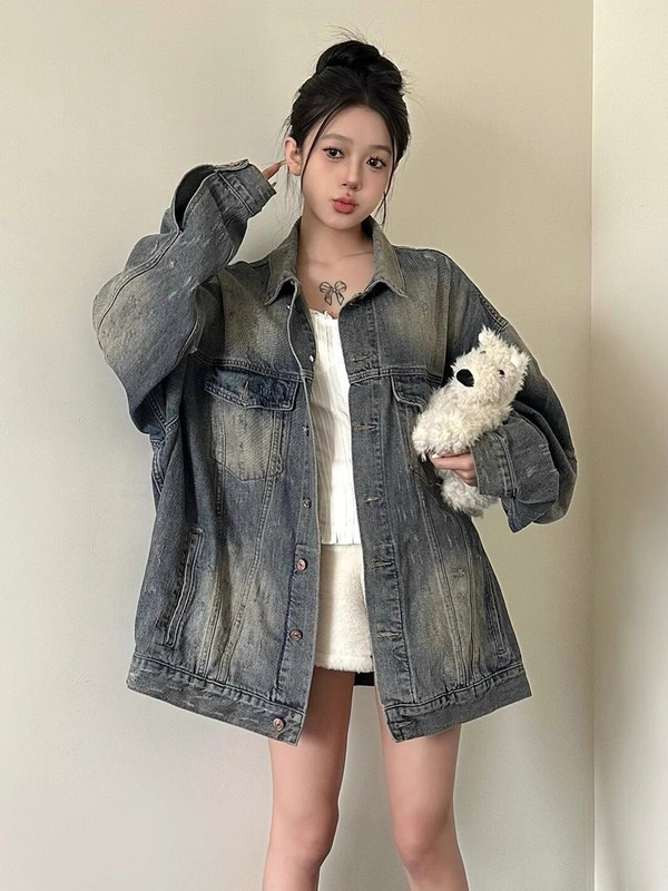 美式复古水洗做旧磨破牛仔外套女春秋新款潮牌宽松休闲夹克上衣|undefined
