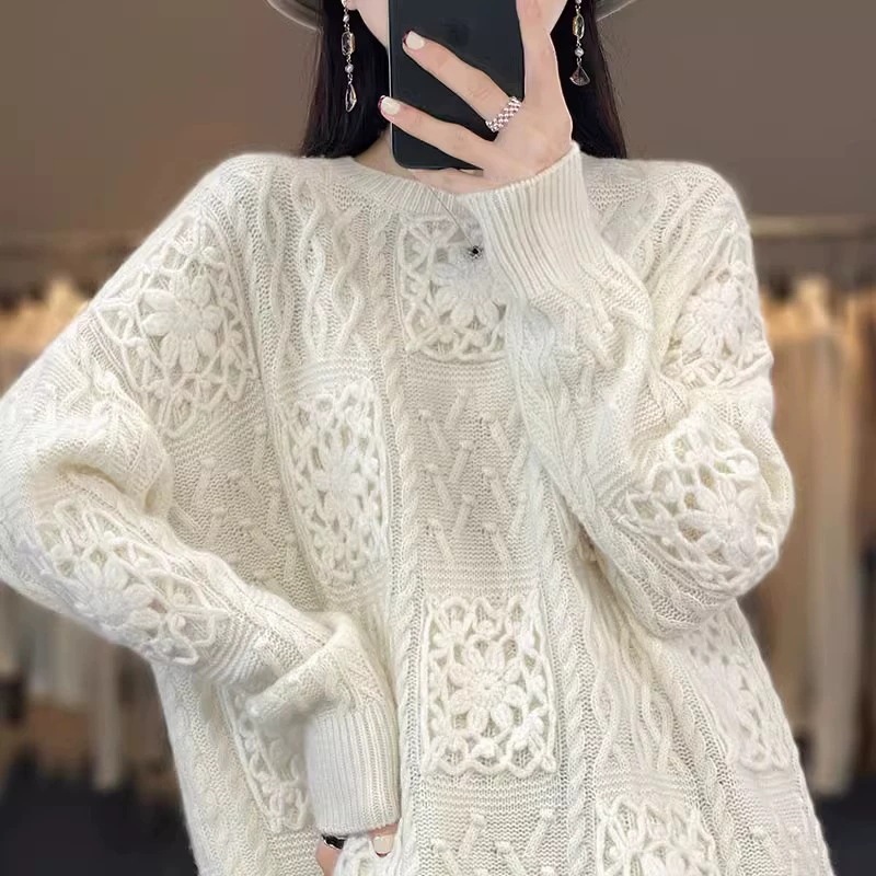 European and American style autumn and winter woolen sweater women's round neck Chinese style soft glutinous cashmere sweater handmade crocheted lazy sweater