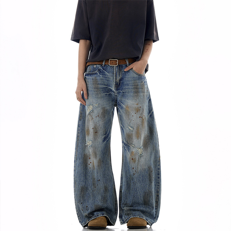 Japón retro hacer viejos agujeros de diseño de tinta vaqueros lavados en agua para hombres y mujeres calles altas de piernas anchas calles altas de nicho