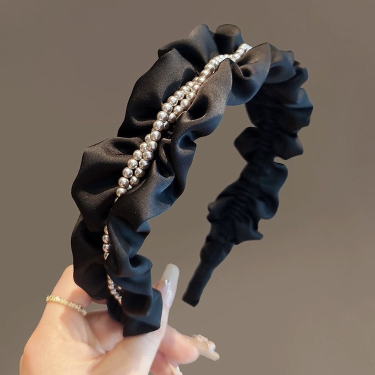 新しい黒のプリーツサテンヘッドバンド、パール付き、つば広洗顔、滑り止め、多用途ヘアピン、ヘアピン、ヘアアクセサリー|undefined