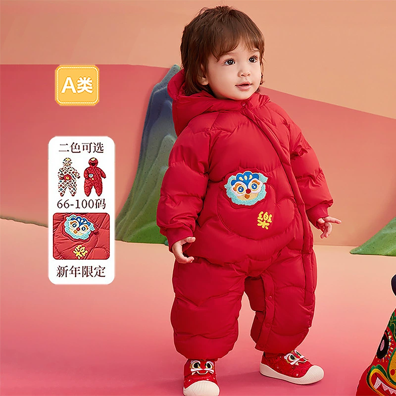 Детский пуховик, комбинезон на утином пуху, платье с новогодними поздравлениями, зимняя теплая и стильная китайская красная одежда для малышей и малышей.