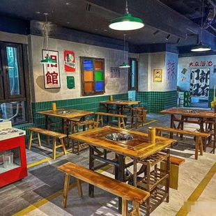 Street Style Hot Pot Table Rice Noodle Table Dining Solid Wood Table and Chairs Foshan Furniture Manufacturer Direct Sales Hot Pot Table Old-Fashioned Commercial