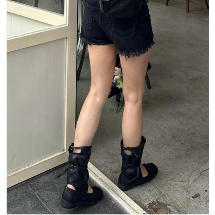 牛皮版~韩国小众设计凉靴子女夏天蝴蝶结芭蕾舞褶皱堆堆靴中筒靴|undefined