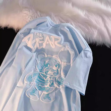 日系复古卡通小熊短袖t恤加肥特大码胖mm240斤宽松男女体恤情侣装